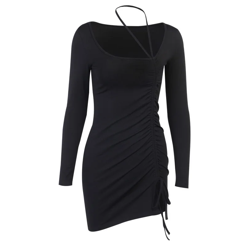 

2021 Spring Summer New Sexy Bodycon Dress Women Full Sleeve Slim Mini Hip Dress Ladies Solid Color Side Drawstring Halter Dress