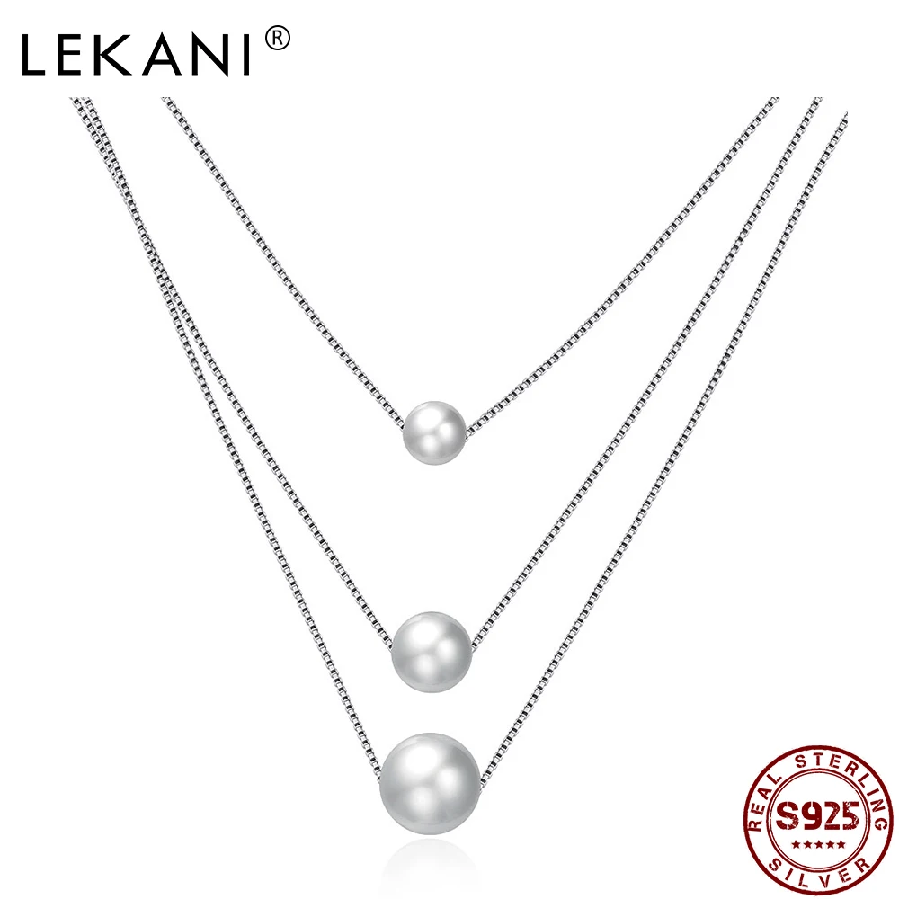 

LEKANI 925 Sterling Silver Chain Necklace For Women Multi Three Layered Shell Pearl Pendant Necklace Romantic Christmas Gifts