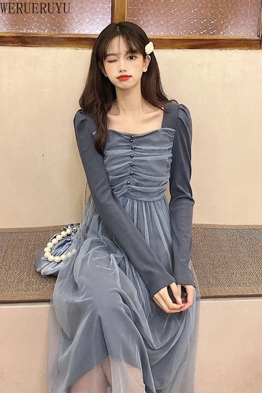 

WERUERUYU 2020 Women Winter Dress Vintage A-Line Dress Solid Puff Sleeve Lace Voile Mesh Dress Women
