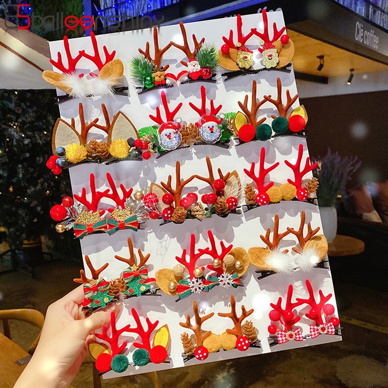 

Balleenshiny 2PCS Christmas Cartoon Hairpin Deer Horn Clip Cute And Sweet Elk Hairpin Headdress Santa Hair Ball Duckbill Clip