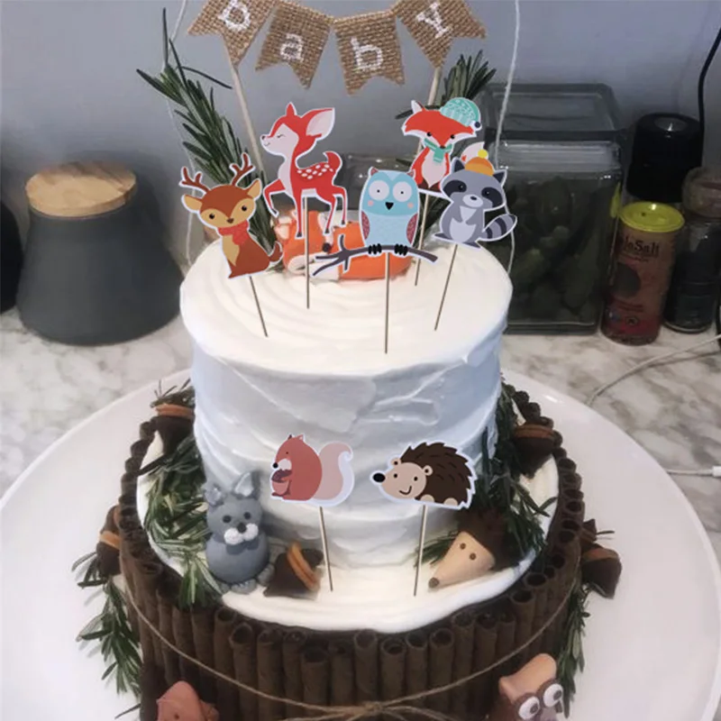 Лесной вечерние торт фигурки жениха и невесты Животных флаг День рождения