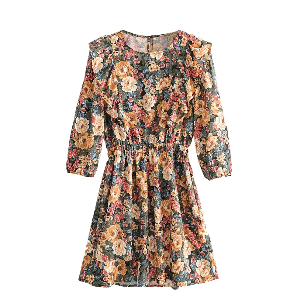 Женское мини платье с цветочным принтом летнее рукавом 3/4 круглым вырезом