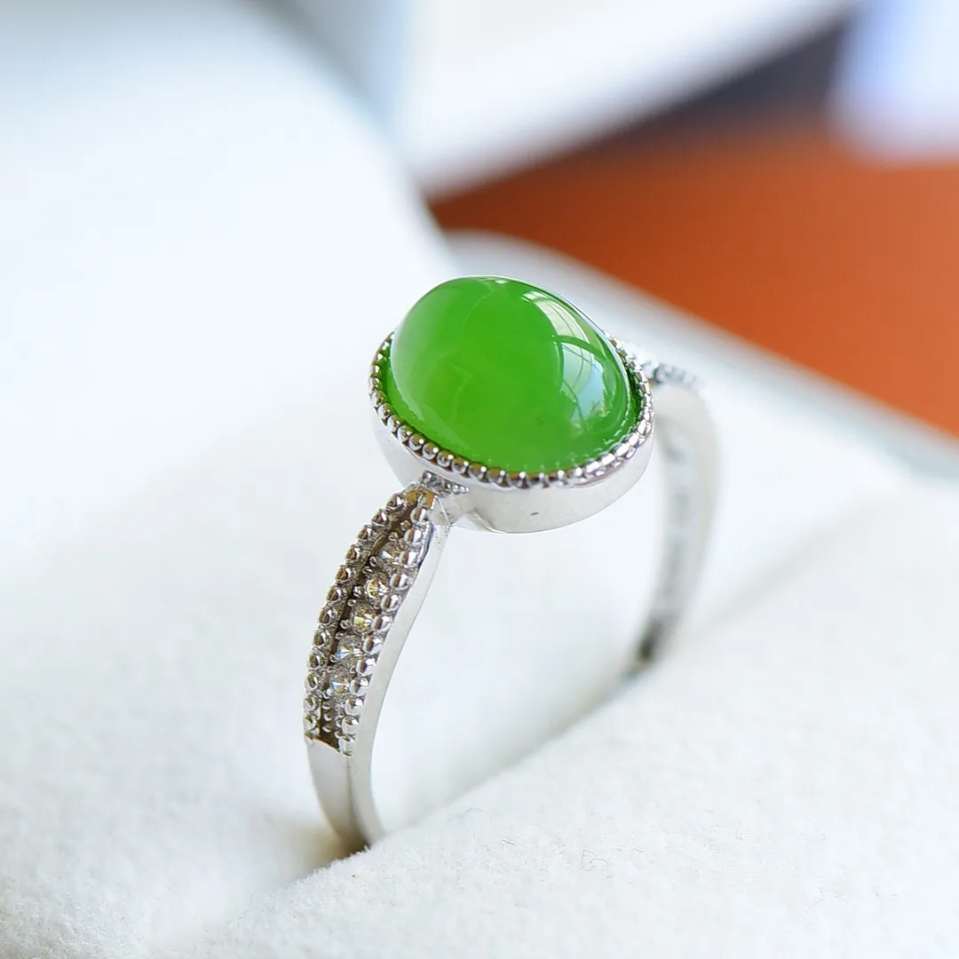 

100% 925 Sterling Silver Green Jade And Diamond Rings Women Genuine Natural Jades Adjustable Rose Gold Ring Gold Jasper Bands