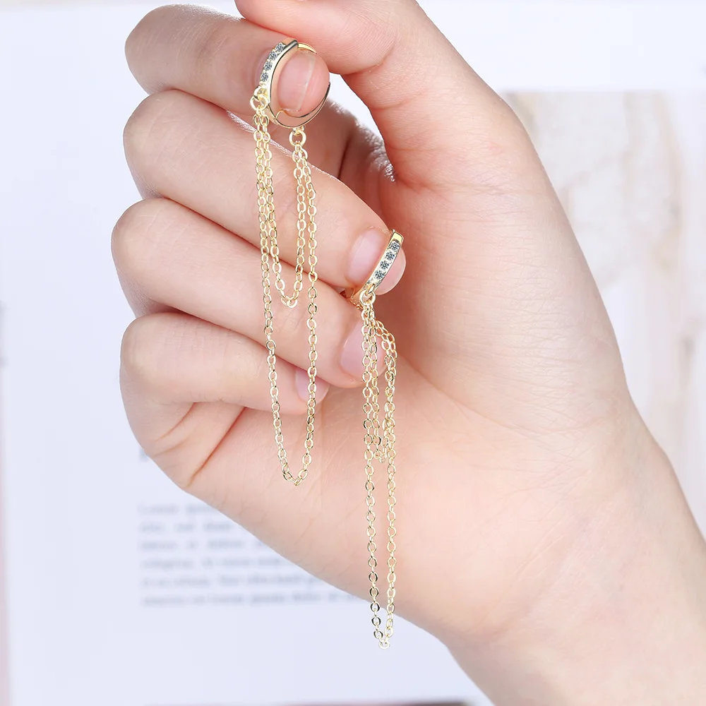 Ins Style 925 Sterling Silver Crystal Long Chain Round Tassel Clip Earrings For Female Party Gifts Jewelry | Украшения и