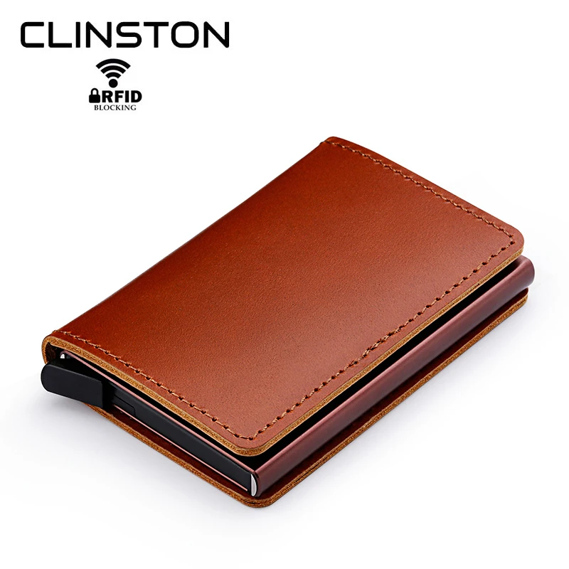 

TOP RFID Protected 100% Genuine Leather Card Holder Good quality Men Aluminum Metal simple Cardholder couple Mini Wallet lovers