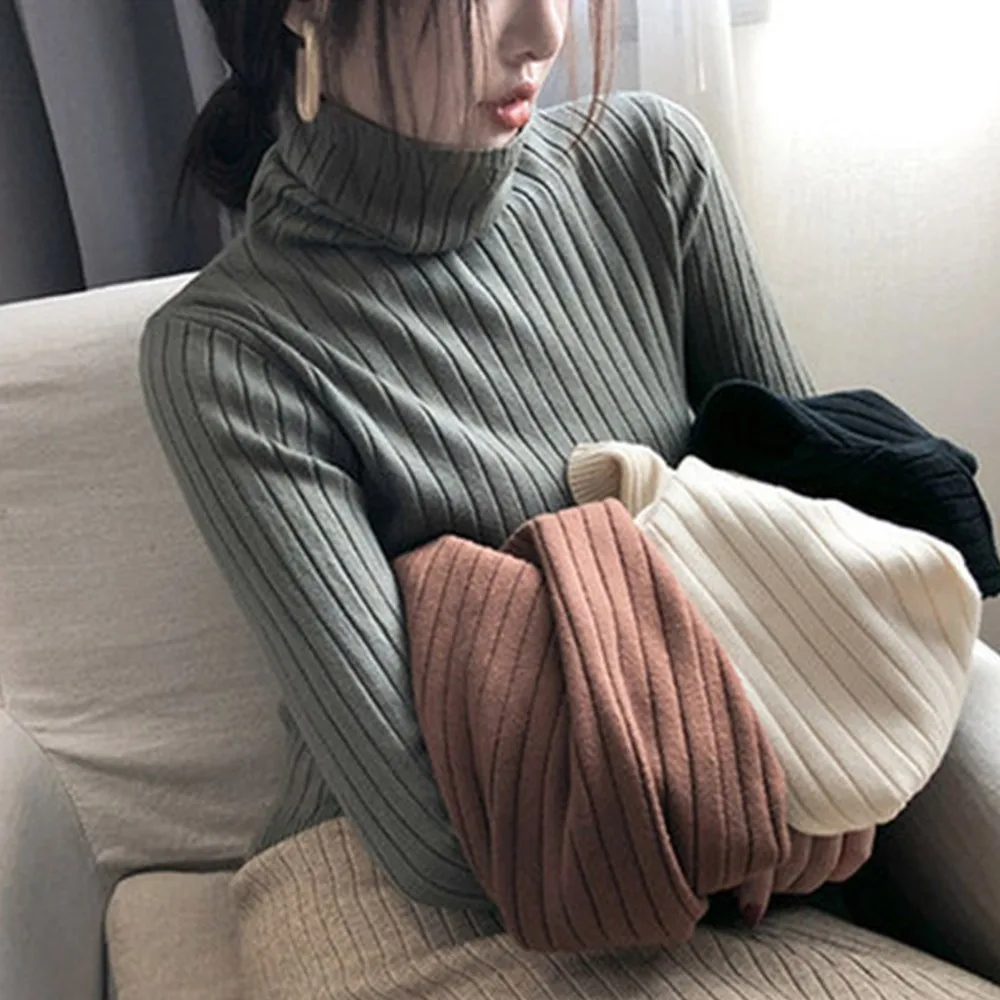 

Ladies Elegand Turtleneck Thick Oversize Sweater Rib Fabric Knitted All-match Pullover Solid Warm Tops Sweater Bottoming Shirt
