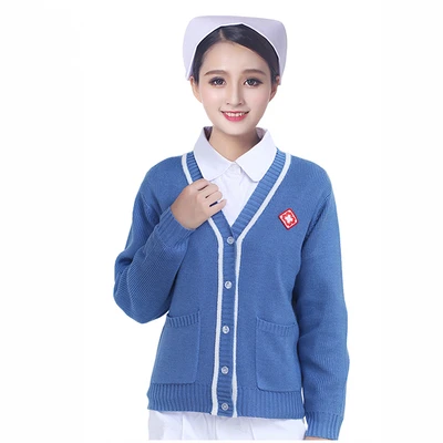Nurse's sweater cardigan thickened navy blue and white edge Korean version warm knit jacket doctor's emergency outpatient cloths |