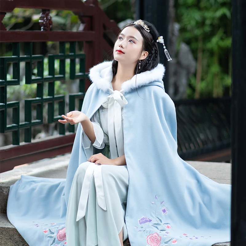 Женский плащ Hanfu китайский традиционный женский зимний костюм бело голубое
