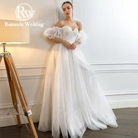 2022 ramanda simple shiny tulle wedding dress princess sweetheart neck puffy sleeves a line lace up back bridal gown custom made