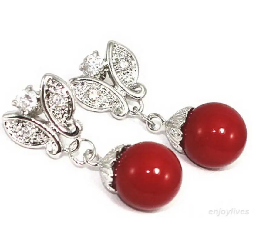 Красные коралловые бусины с белым покрытием серьги в форме бабочки кристаллами |
