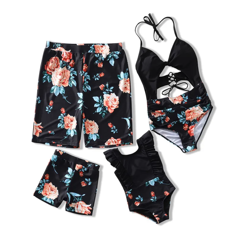 Floral Swimsuits Family Matching Swimwear Mom Dad And Me Bath Suits Girl Boys Women Men Dad Son Swim Shorts Trunks Couples Beach