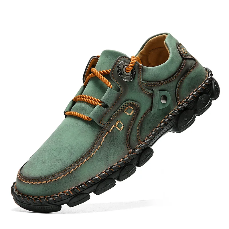 

Мужские кожаные кроссовки на шнуровке, резиновая нескользящая обувь, удобные, хорошего качества, зеленые, желтые, хаки, большие размеры 38-48