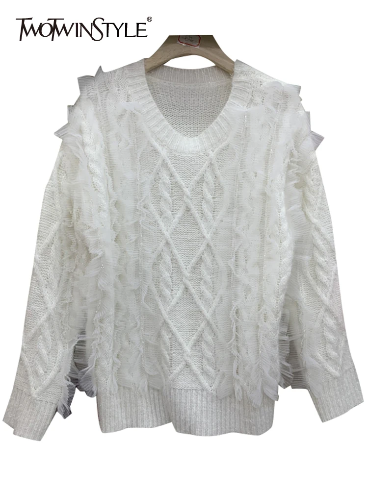 

TWOTWINSTYLE Casual Loose Solid Temperament Knitting Sweaters Round Neck Long Sleeve Pullovers Female 2021 Autumn Clothing New