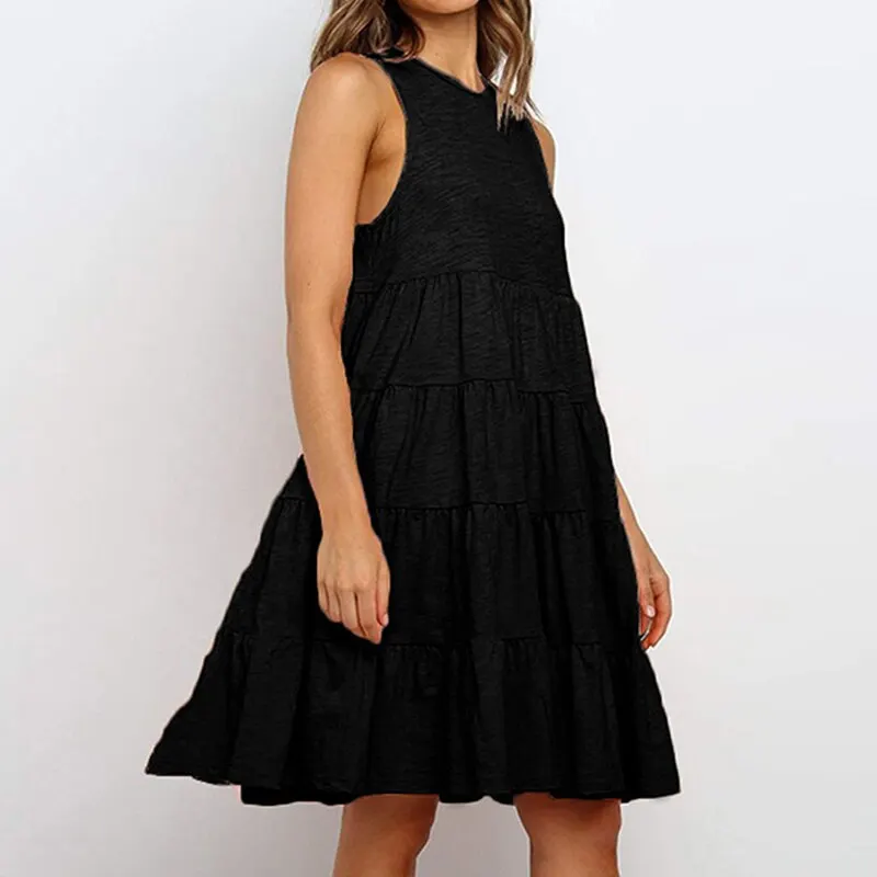 

Women Summer Dress Solid Sleeveless Beach Mini Casual Sundress Fashion O Neck Ruffle A-line Mini Dress Vestidos