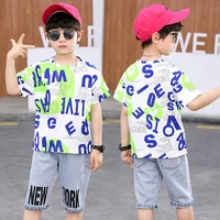 childrens clothing boy sets 2021 summer korean casual thin letter fashion printed short sleeved jeans two piece suit bt166