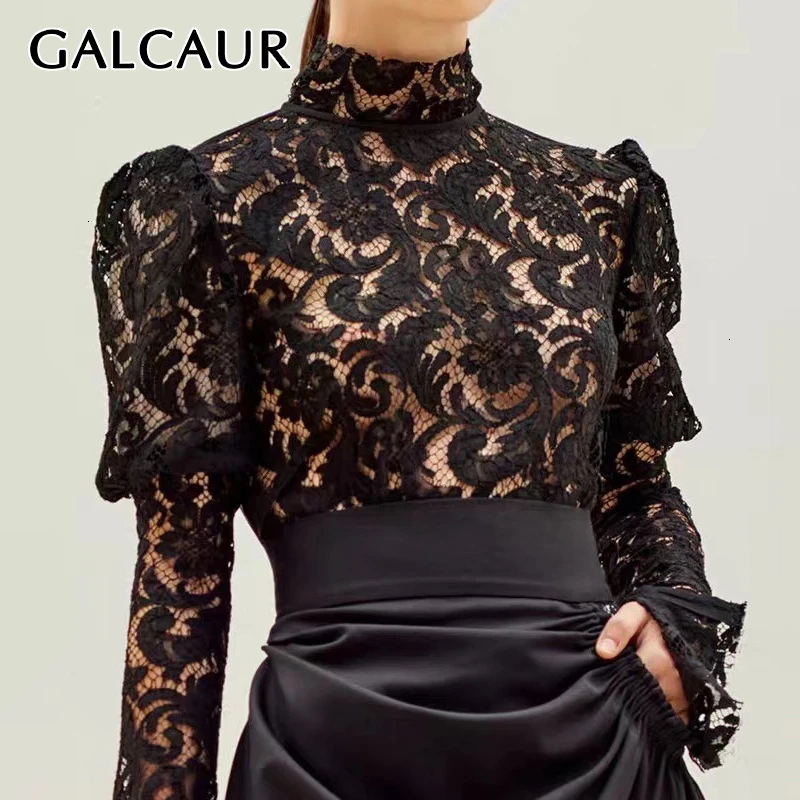 GALCAUR повседневная кружевная женская блузка с принтом водолазка длинный рукав
