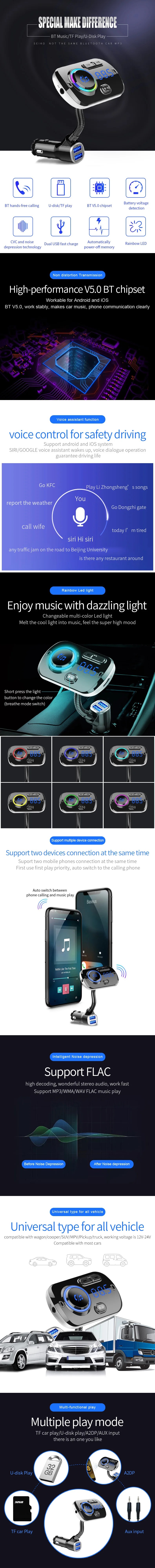 Car bluetooth car kit FM Transmitter modulator aux Usb handsfree Speakerphone QC3.0 Car Charger bluetooth 5.0 for Android/IOS