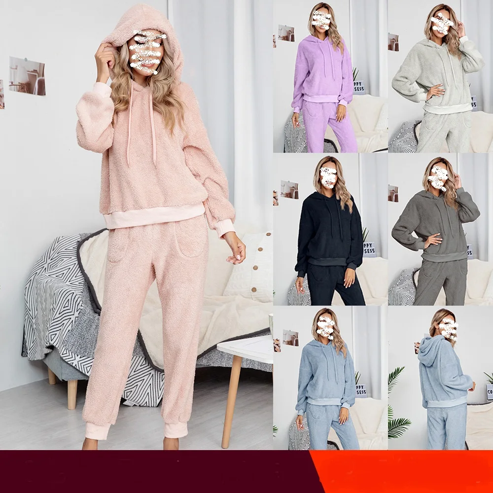 

Women Fleece Pajamas Sets Velvet 2 Pieces Sleepwear Suit Hoodies Sweatshirt Sweatpants Oversized Nightwear Homewear Suit Autumn
