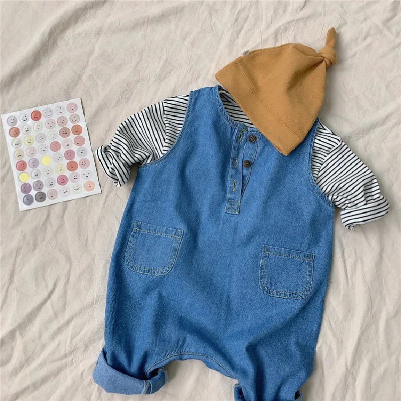

2021 Korean Baby Clothes Spring Autumn Newborn Infant Boys Girls Fashion Cotton Striped Shirt Denim Jumpsuit Pants