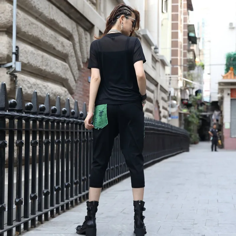 

Fashion Streetwear Patchwork Loose Fit T-Shirt Tops Women Personality Drop Crotch Harem Pants Summer Female Matching Set Outfit