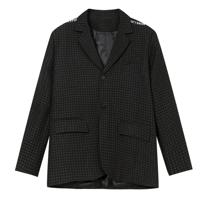 

IEFB Men's Clothing 2021 Autumn New Korean Loose Single Breasted Plaid Suit Coat Letter Embroidery Black Business Casual Blazers