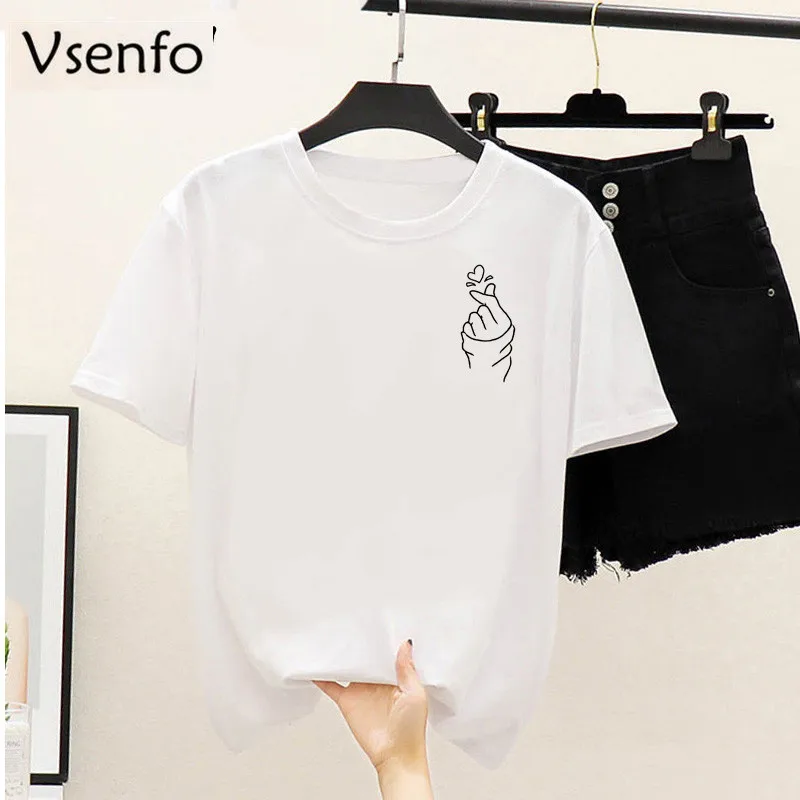 

Футболка в Корейском стиле с изображением сердца, женские Забавные футболки в стиле K-POP, футболки на заказ в стиле унисекс, летние хлопковые ...