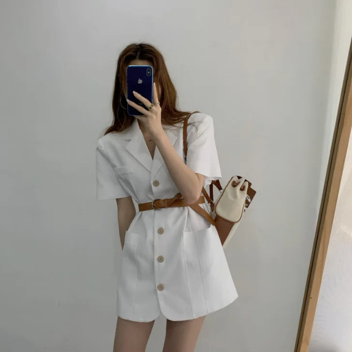 

kywommnz Summer 2021 Short Sleeve Skirt, Summer Novelty, Handbag, Notched Neckline, Single Buckle Belt, Solid Color, E800