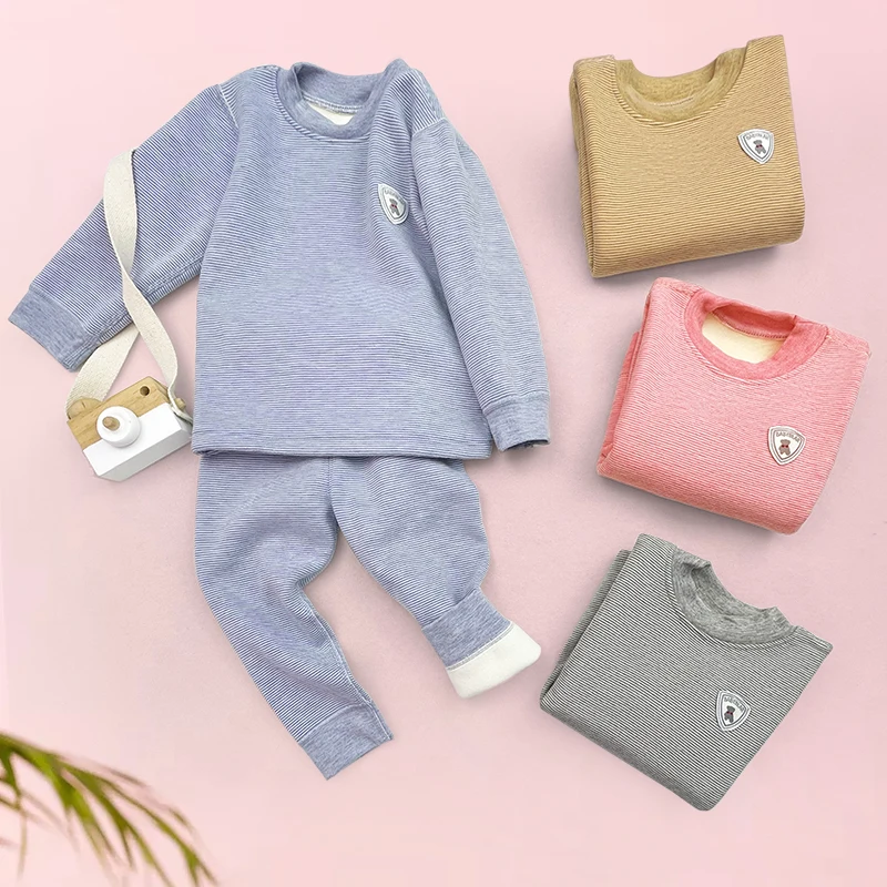 Conjunto de pijama de franela para ni&ntilde;os y ni&ntilde;as, ropa interior t&eacute;rmica a rayas, c&aacute;lida para beb&eacute;, pijamas de lana, Invierno-4