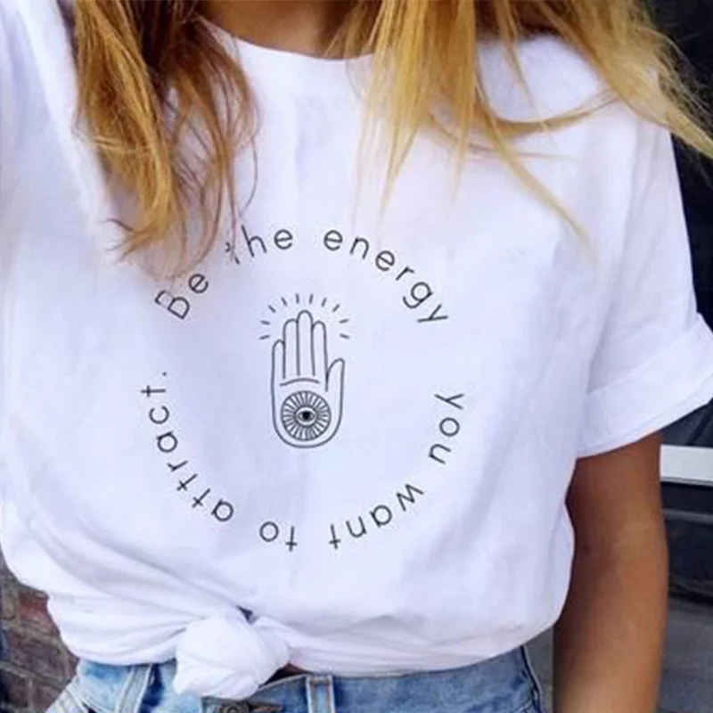 

Забавная женская футболка с надписью «Be The Energy You Want To Affract», графическая футболка с надписью «Hand of Fatima», хлопковая Футболка Tumblr, верхняя одежд...