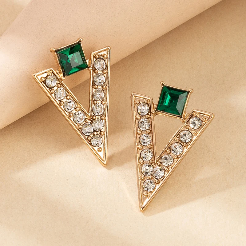 

docona Vintage V-shape Stud Earrings for Women Luxury Green Crystal Stone Geometry Alloy Earring Female Party Jeweley Accessory