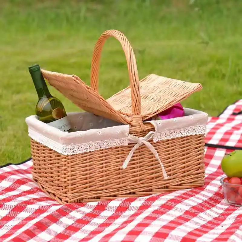 

Woven Picnic Baskets Plant Rattan Willow Wicker Camping Storage Basket with Lid and Handle Food Fruit Home Decoration Organizer
