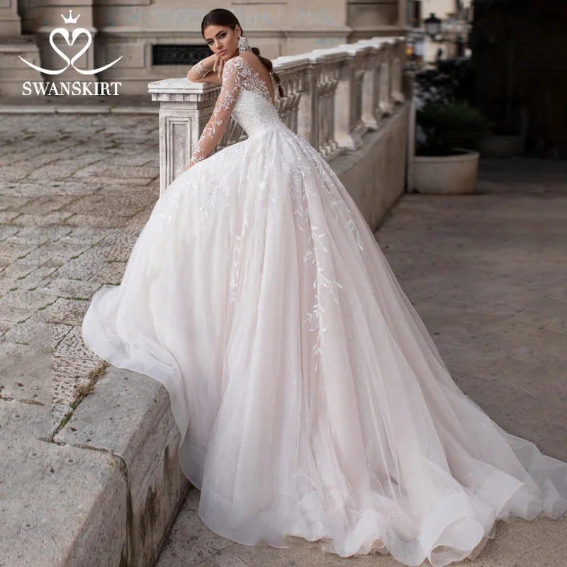 Слоновая кость Сексуальное свадебное платье с v-образным вырезом,, Swanskirt, романтический длинный рукав, аппликация, бальное платье принцессы, свадебное платье, vestido de noiva K150 - Цвет: Слоновая кость