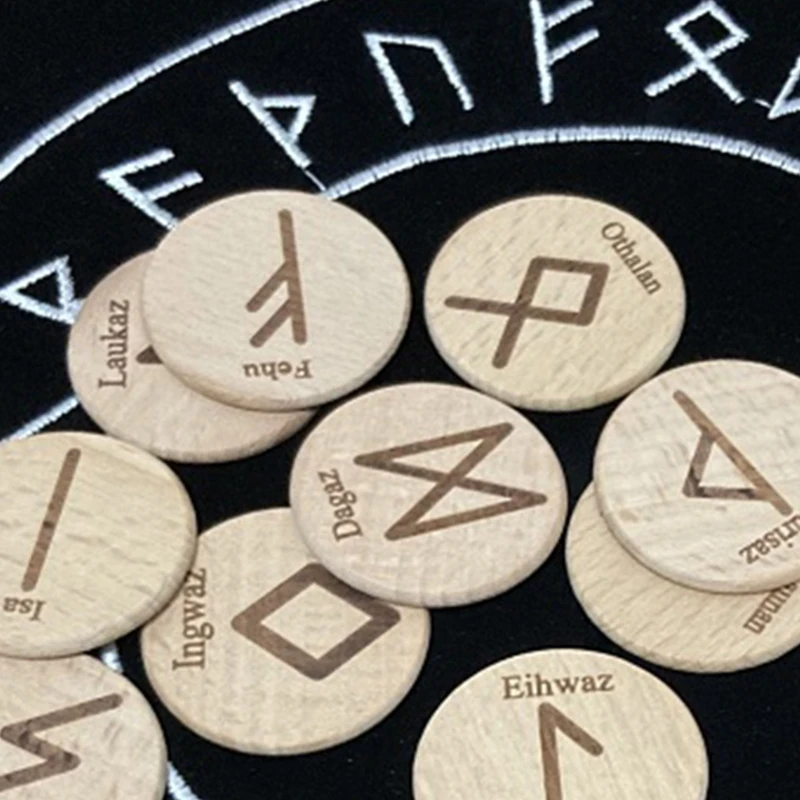 

25pcs/set Handmade Wooden Viking Runes Kit Symbols Beads Gypsy Rune Divination Sign Wizard Ritual Props with Cloth Bag