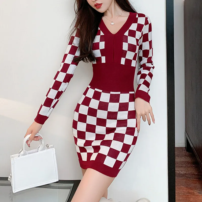

Женское трикотажное платье в клетку, элегантное винтажное платье составного кроя с V-образным вырезом, длинными рукавами и принтом, Корейск...