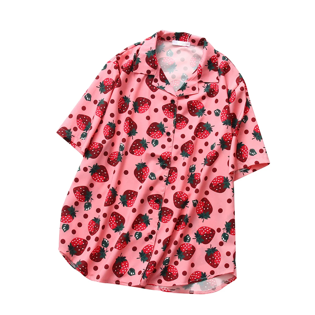 

Fashion Women Short Sleeve Strawberry Print Single-breasted Shirt Top Women's Clothing 2020