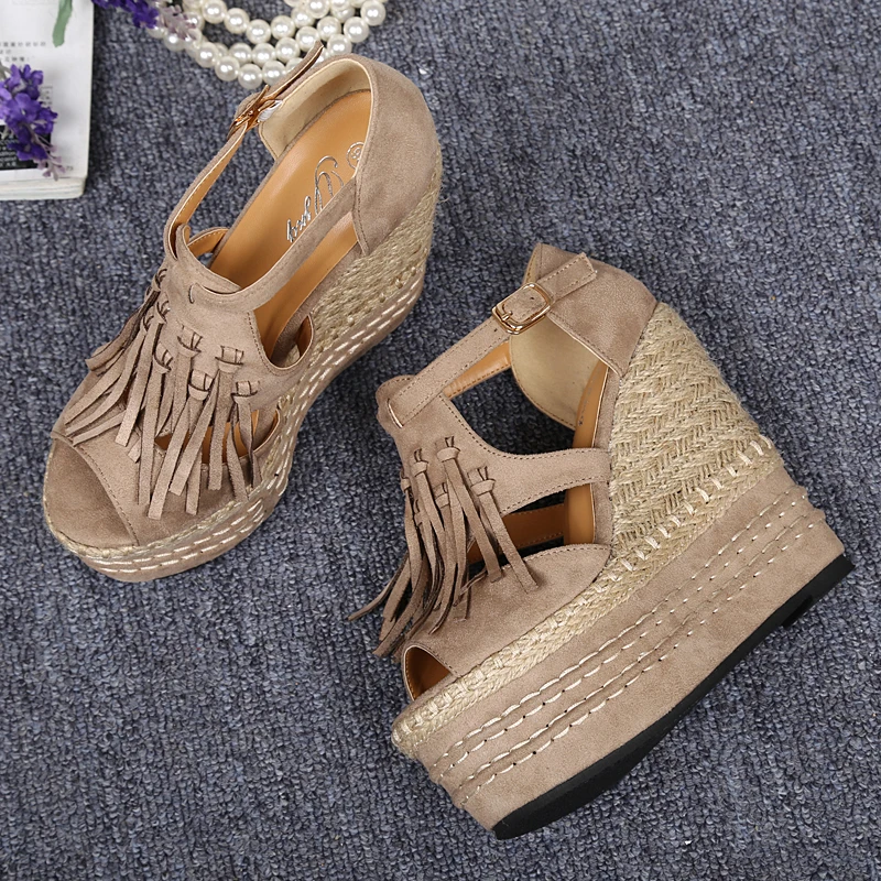 

Womens Tassels Peep Toe Wedge Super High Heels Platform Casual Sandals Shoes Rome 15CM Heel Height 3Colors B187