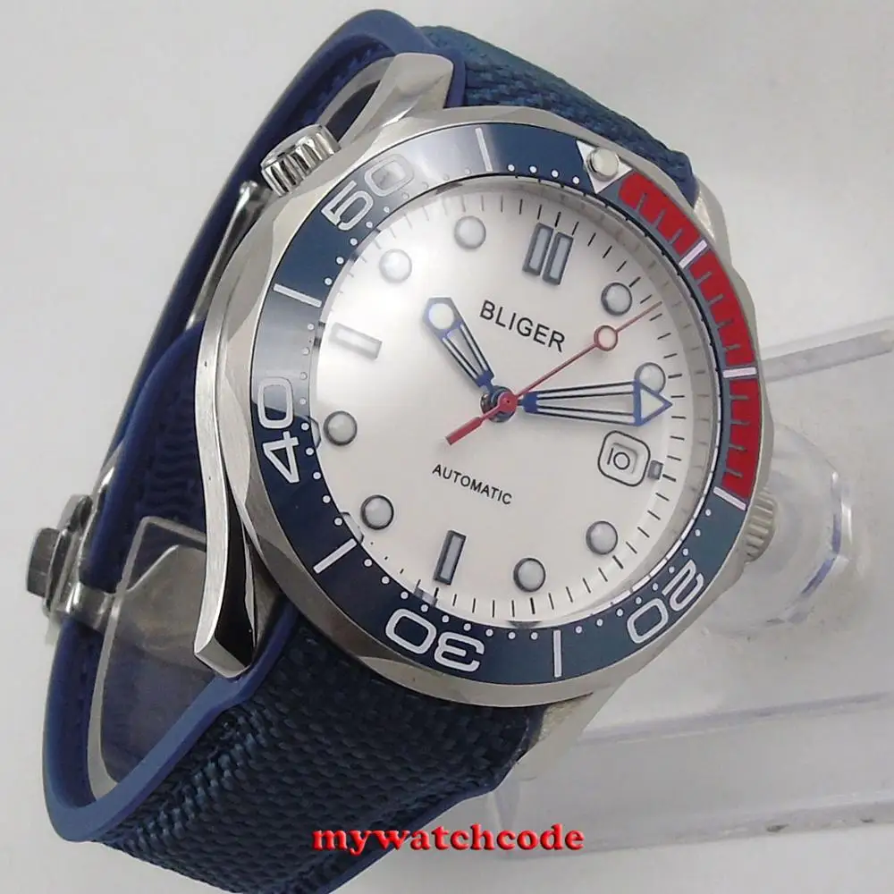 Стерильные мужские часы B268 41 мм с белым циферблатом и синим керамическим