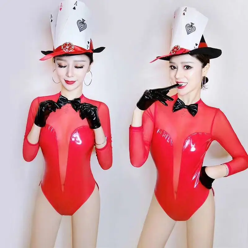 

Sexy Gogo dance team clothing feminine perspective nightclub ds costumes bar costume red bodysuit Paper poker hat cap