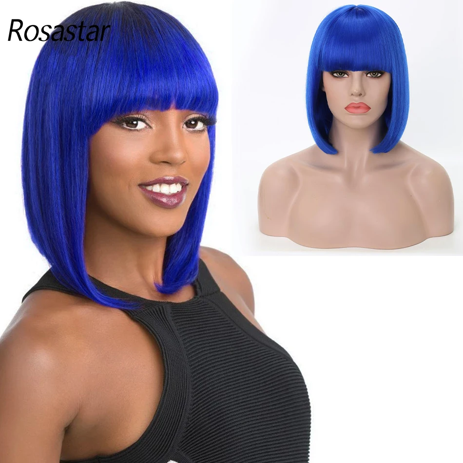 

Синий парик Боб с челкой-12-дюймовые натуральные модные парики боб для женщин, милый цветной синтетический парик для ежедневного освещения, для Хэллоуина (синий)