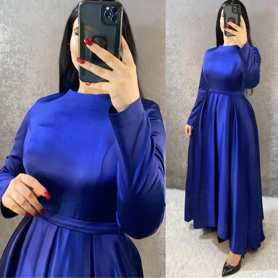 

Женское атласное вечернее платье, элегантное темно-синее платье-трапеция до пола с длинными рукавами и карманами, официальное платье для ве...