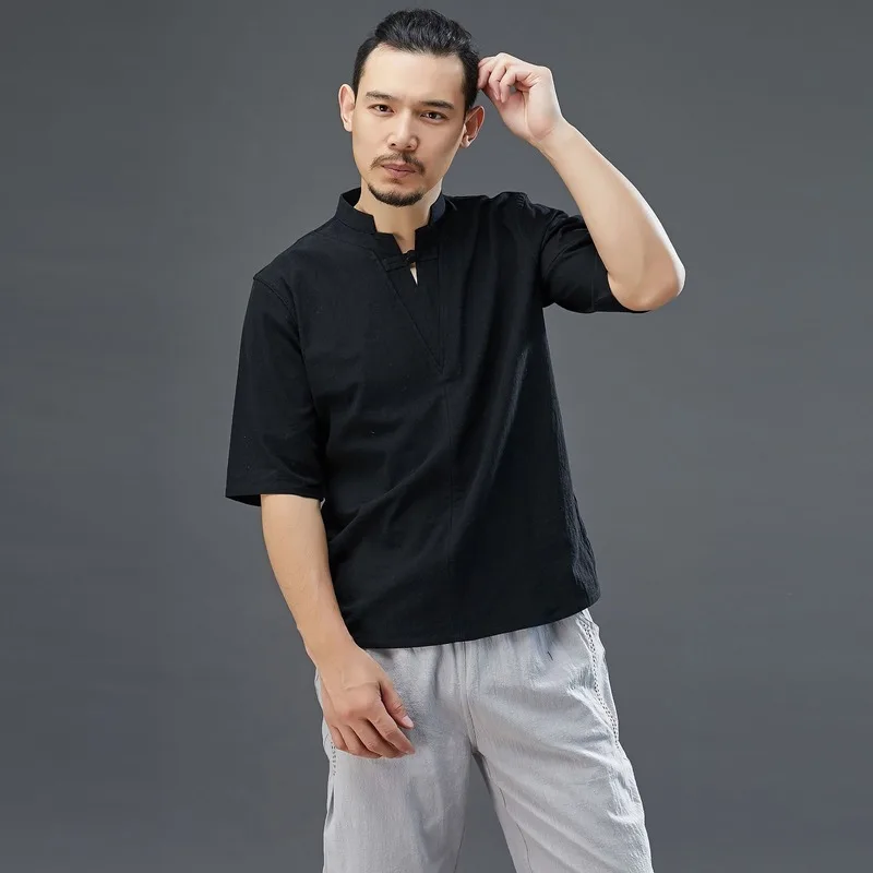 

Men's Short-sleeved T-shirt Men's 2020 Summer New One-button Small V-neck Linen Chinese Style Solid Color Loose Shirt Simple