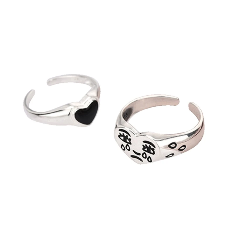 

69HB 2Pcs Korean Fashion Crying Face Heart Rings Women Vintage Open Adjustable Ring Special Resizable Rings Band Kit Jewelry