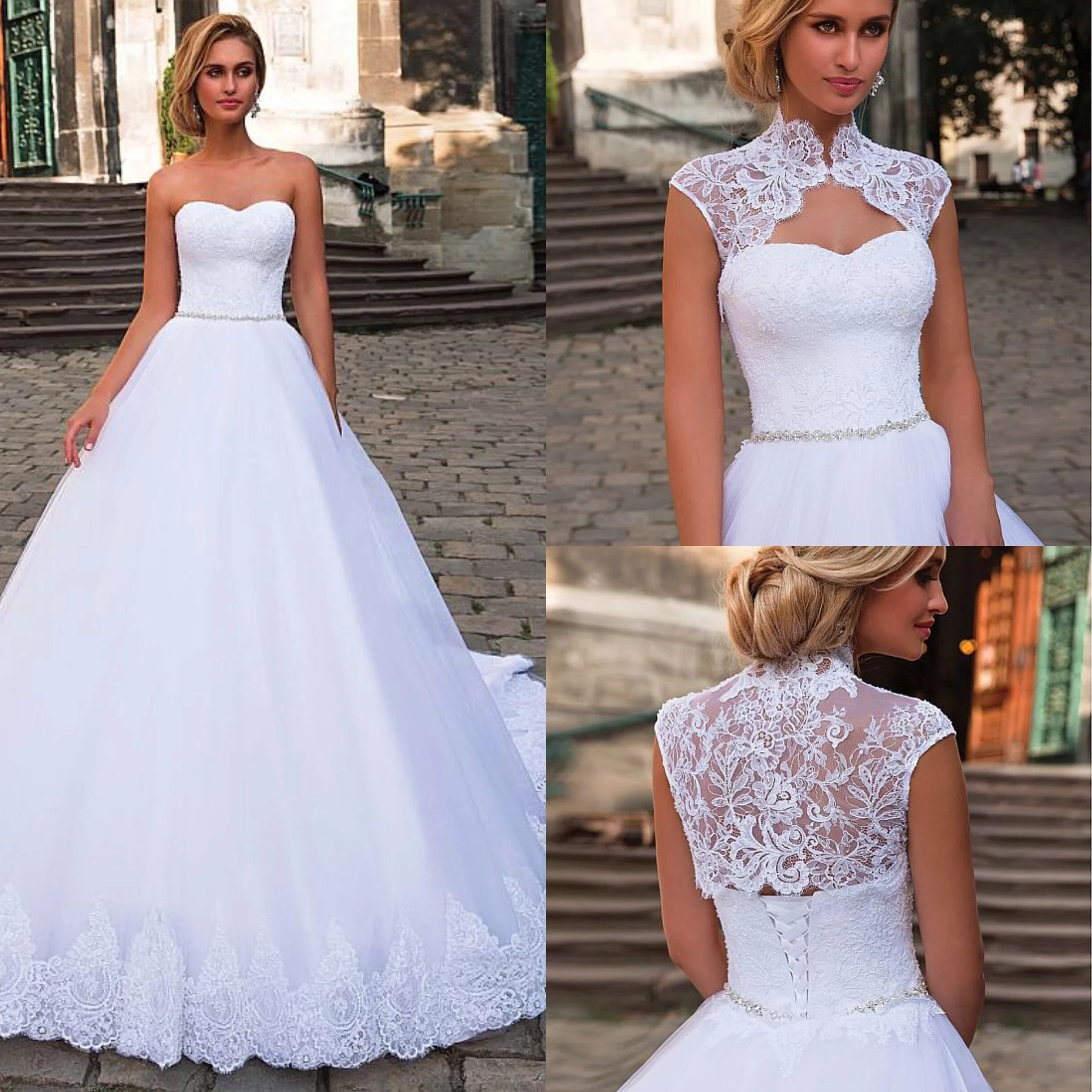 

Fashion Sweetheart Wedding Dresses Lace Appliques Floor Length Beaded Belt Custom Made Bridal Gowns with Removable Jacket