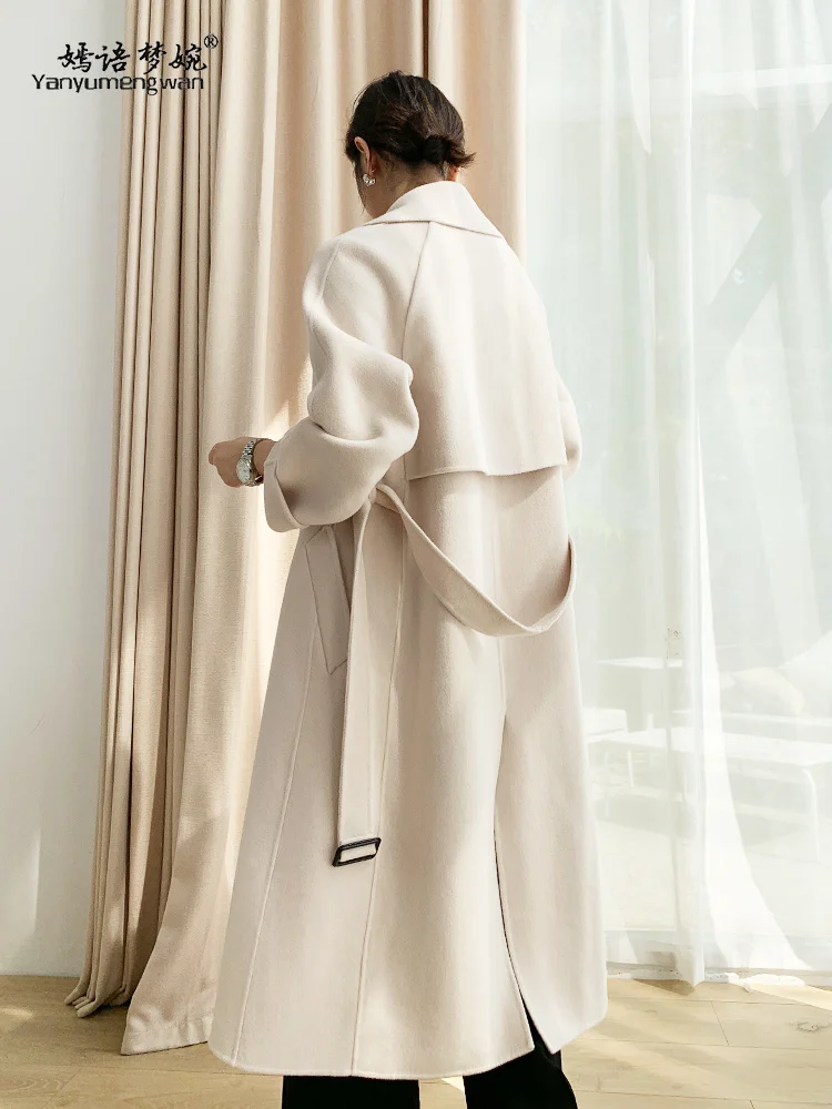 

Женское двухстороннее кашемировое пальто, приталенное шерстяное пальто средней и длинной длины на шнуровке, Осень-зима 2021