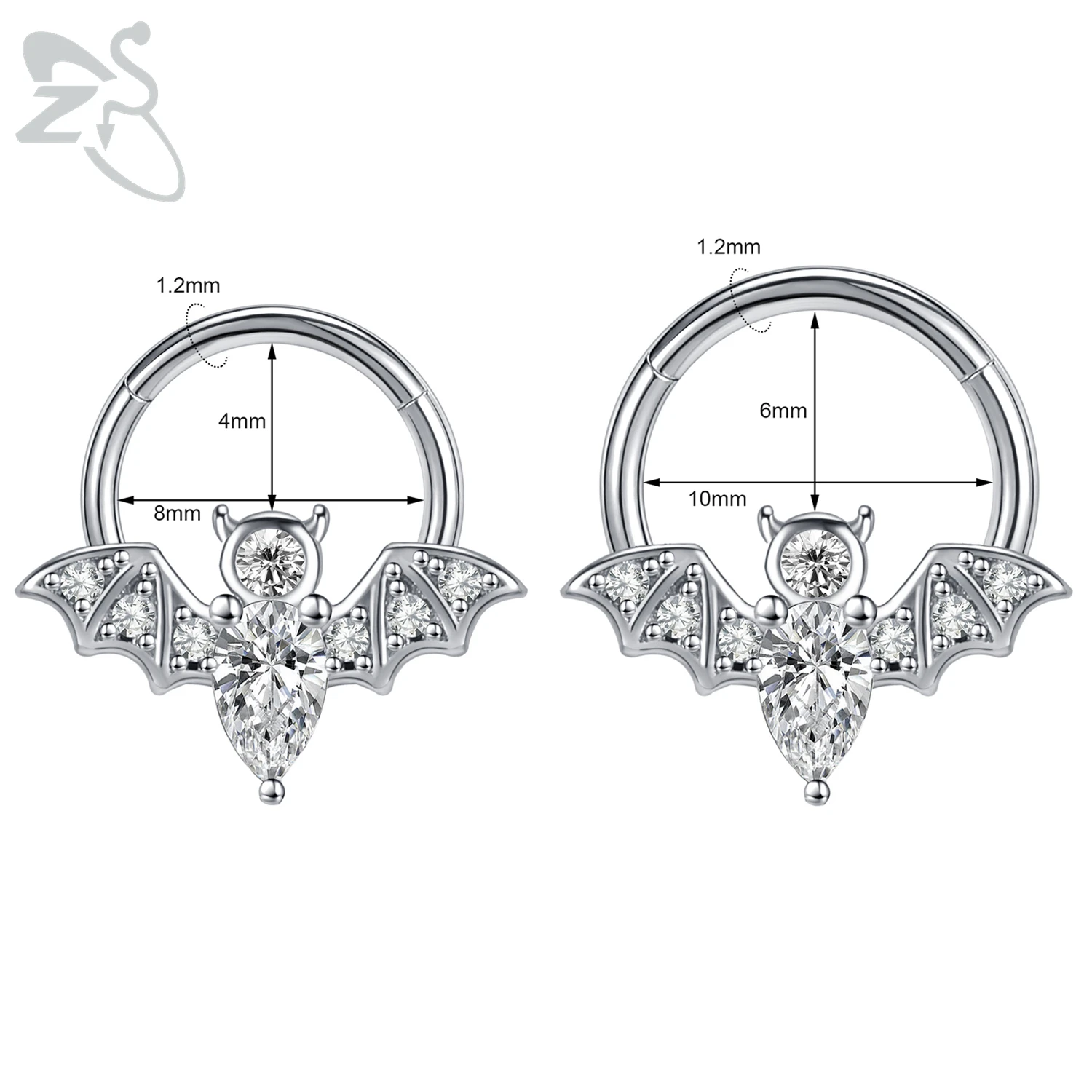 ZS 1 шт. дизайн летучая мышь CZ Кристалл носа кольцо 316L из нержавеющей стали