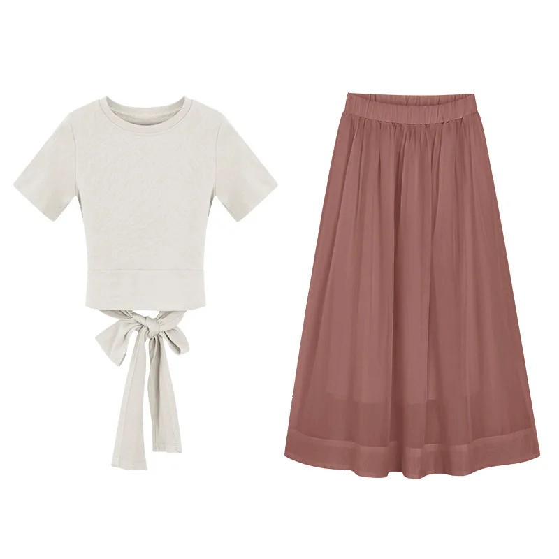 

New Summer Female Suit Skirt T - Shirt Temperament Solid Color Round Collar Bow Two Pieces Of Chiffon Foreign Style Thin Trend