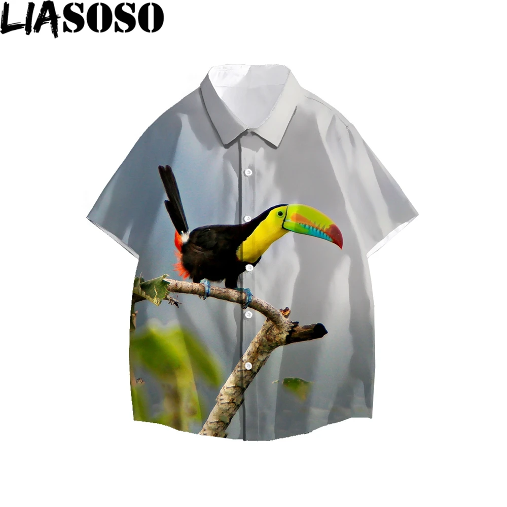 

LIASOSO Parrot Birds 3D Print Men Women Shirt Summer Beach Loose Buttons Oversized Cardigan Casual Comfortable Street Top Animal