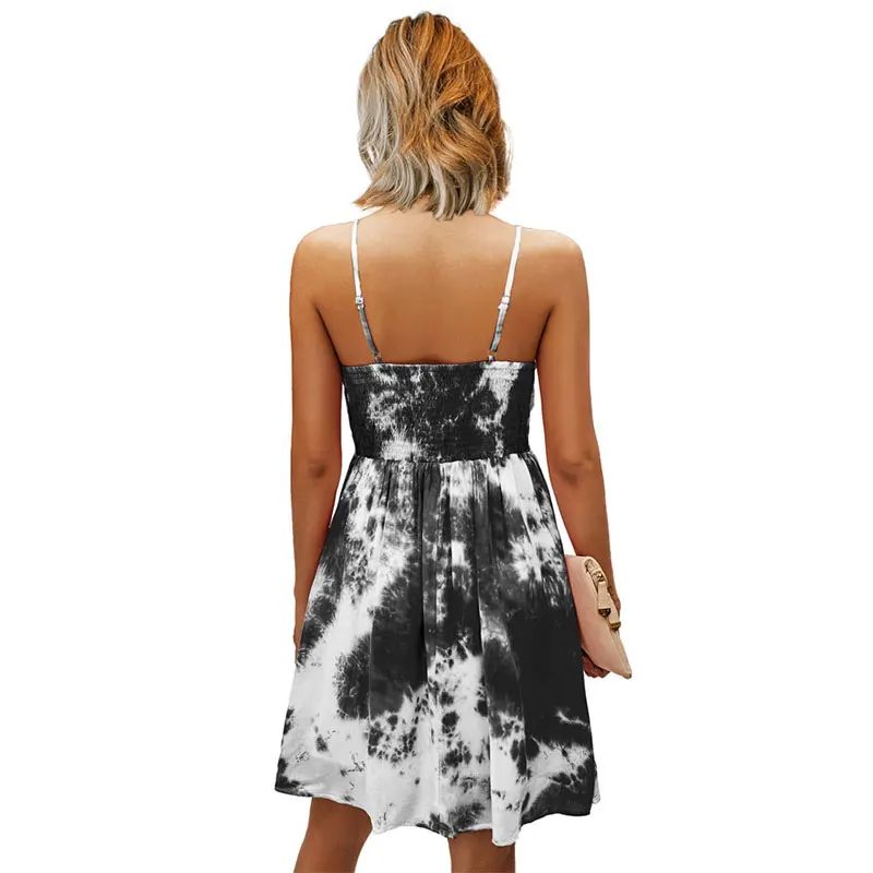 

Summer New Tie-dye Print Spaghetti Strap Dress for Women 2021 New Sexy V Neck Backless Bow Short Beach Dress Ladies