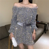 new shiny sequined night club vestidos women spring autumn korean silver party off shoulder long sleeved sexy dress with belt