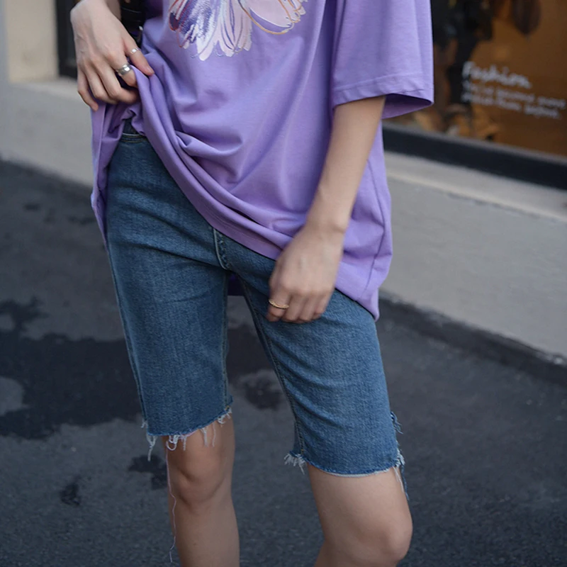 

[EAM] High Waist Black Brief Burr Denim Knee Length Trousers New Loose Fit Pants Women Fashion Tide Spring Summer 2021 1DE1497